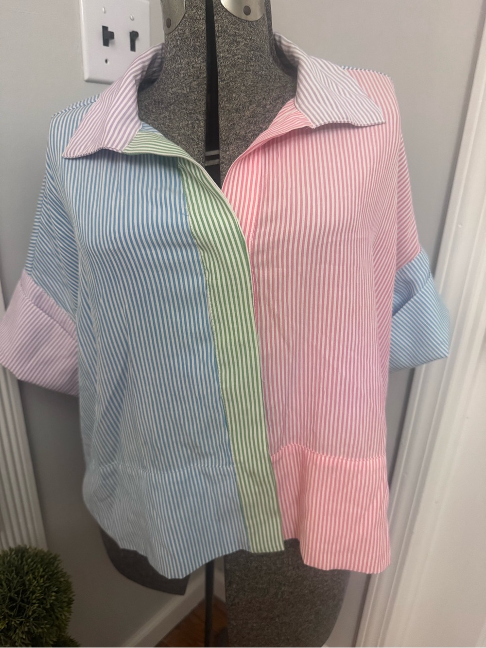 THML Pastel Stripe Colorblock Button-Front Shirt - Pink, Blue & Green Medium